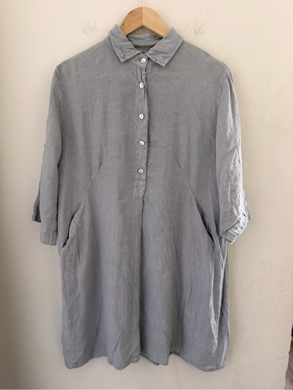 Elena Baldi Italy 100% Linen Shirt Dress Grey Blue Roll Tab Pocket Popover M